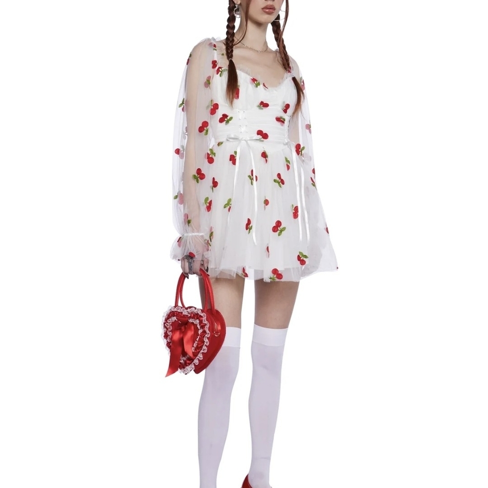 White Dress with Cherry Print